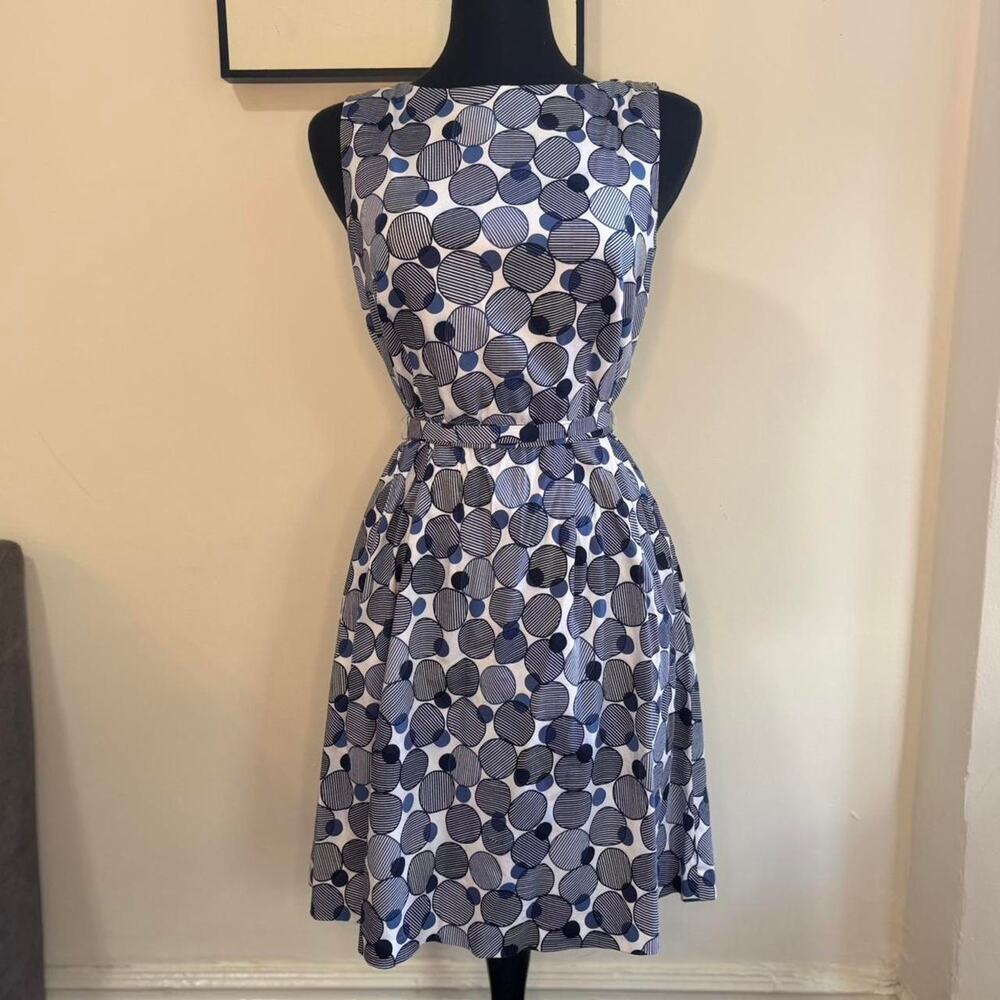 Anne Klein Blue Sleeveless Modest Polka Dot Dress, Tie Waist, Pockets Sz 6